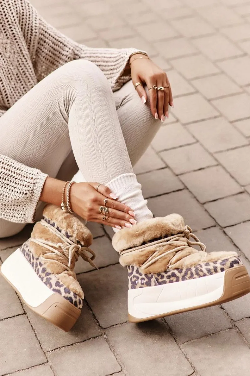 Śniegowce Damskie>Big Star Shoes Skórzane Śniegowce Damskie Na Grubej Podeszwie Z Futerkiem Panterka Big Star OO274A208 Brązowe Brązowy