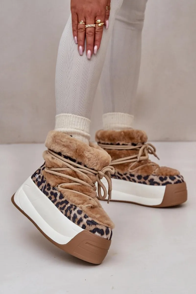 Śniegowce Damskie>Big Star Shoes Skórzane Śniegowce Damskie Na Grubej Podeszwie Z Futerkiem Panterka Big Star OO274A208 Brązowe Brązowy