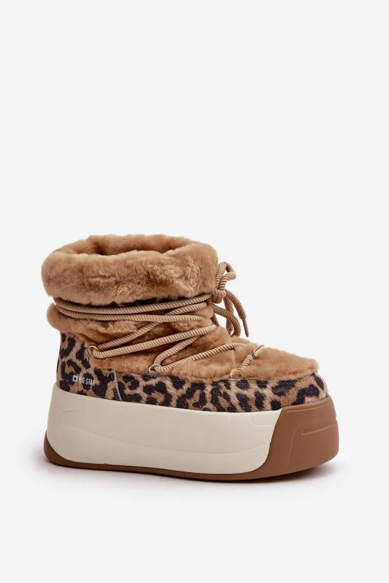 Śniegowce Damskie>Big Star Shoes Skórzane Śniegowce Damskie Na Grubej Podeszwie Z Futerkiem Panterka Big Star OO274A208 Brązowe Brązowy