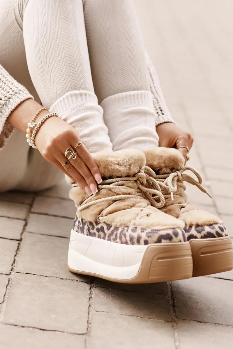 Śniegowce Damskie>Big Star Shoes Skórzane Śniegowce Damskie Na Grubej Podeszwie Z Futerkiem Panterka Big Star OO274A208 Brązowe Brązowy