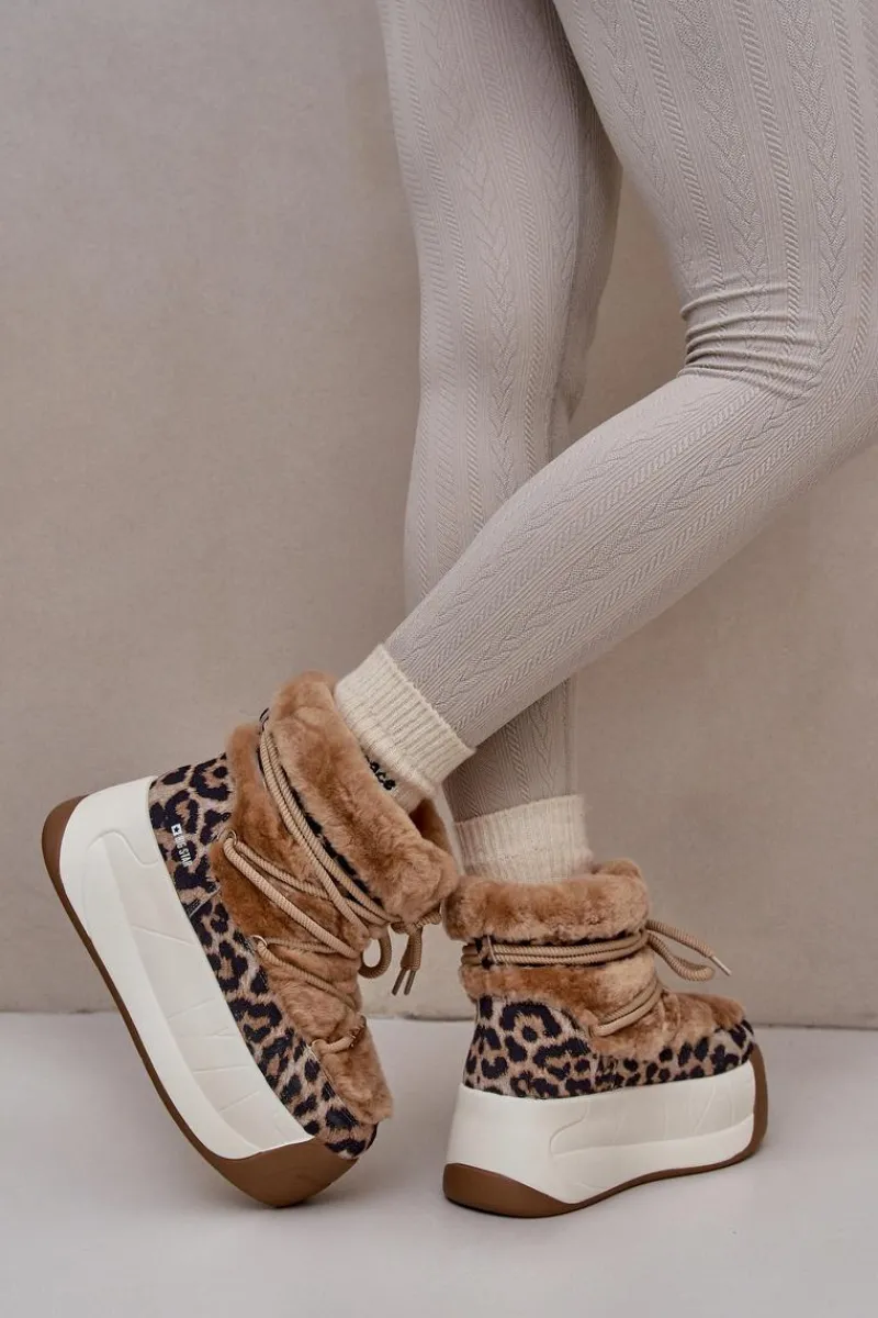 Śniegowce Damskie>Big Star Shoes Skórzane Śniegowce Damskie Na Grubej Podeszwie Z Futerkiem Panterka Big Star OO274A208 Brązowe Brązowy