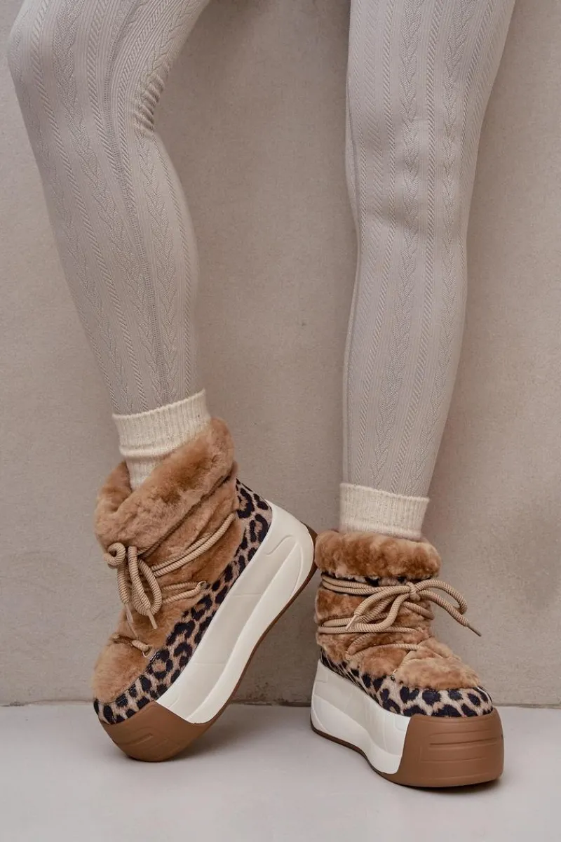 Śniegowce Damskie>Big Star Shoes Skórzane Śniegowce Damskie Na Grubej Podeszwie Z Futerkiem Panterka Big Star OO274A208 Brązowe Brązowy