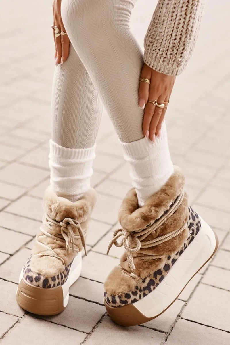 Śniegowce Damskie>Big Star Shoes Skórzane Śniegowce Damskie Na Grubej Podeszwie Z Futerkiem Panterka Big Star OO274A208 Brązowe Brązowy