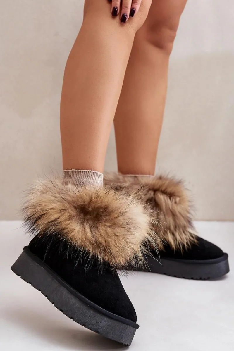 Śniegowce Damskie>Boto Skórzane Śniegowce Na Platformie Z Futerkiem Czarne Avirisa Czarny