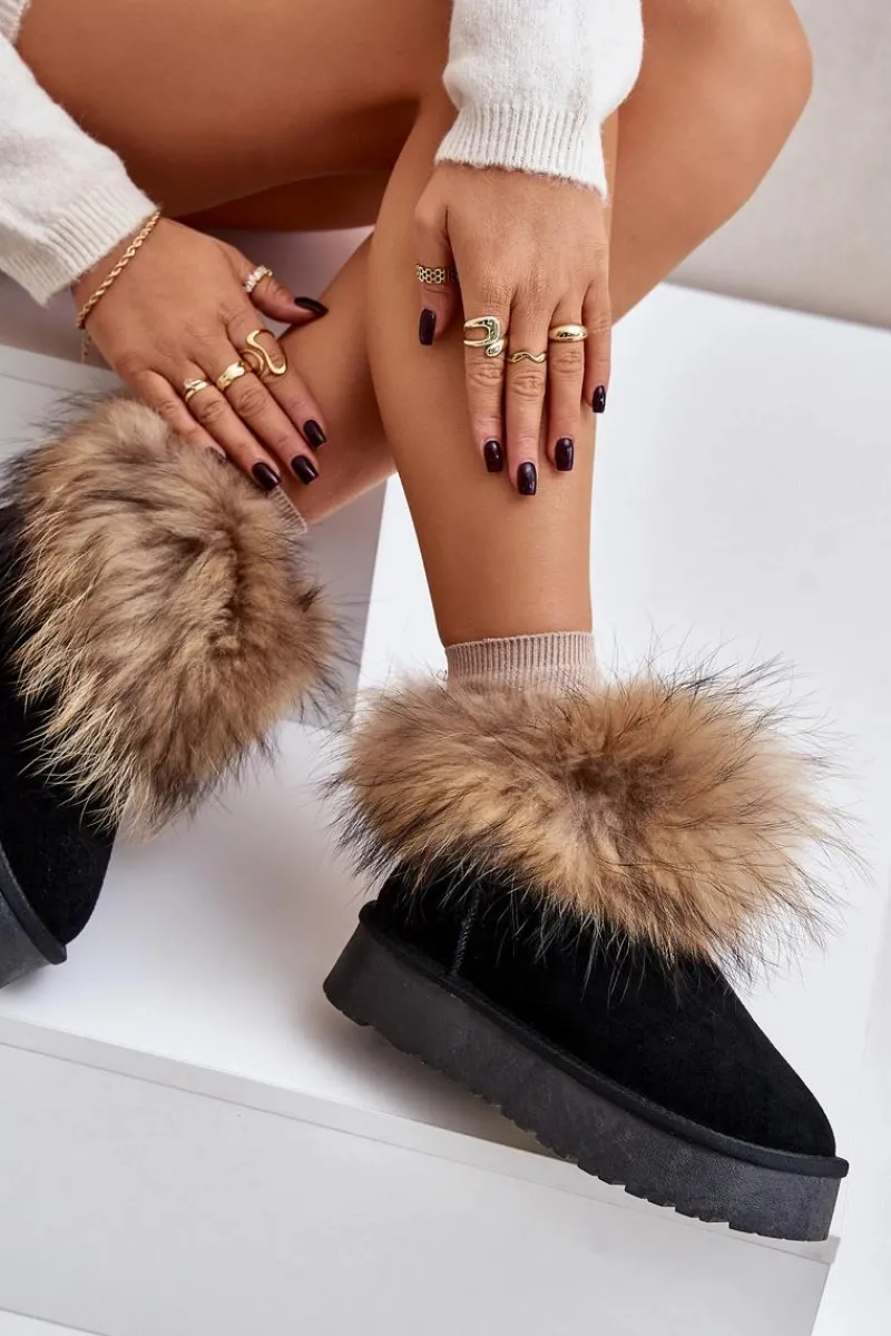 Śniegowce Damskie>Boto Skórzane Śniegowce Na Platformie Z Futerkiem Czarne Avirisa Czarny