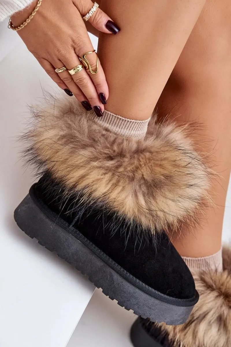 Śniegowce Damskie>Boto Skórzane Śniegowce Na Platformie Z Futerkiem Czarne Avirisa Czarny