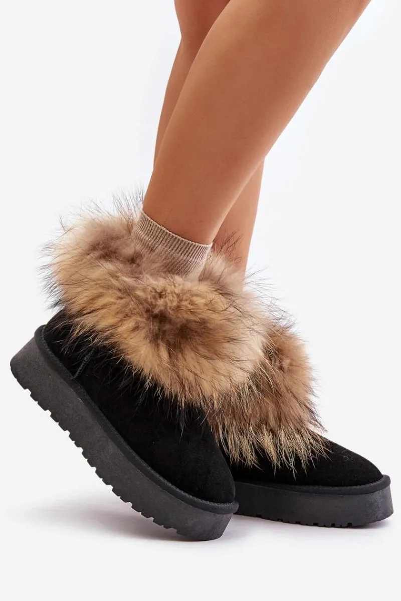 Śniegowce Damskie>Boto Skórzane Śniegowce Na Platformie Z Futerkiem Czarne Avirisa Czarny