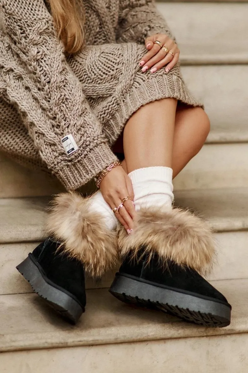 Śniegowce Damskie>Boto Skórzane Śniegowce Na Platformie Z Futerkiem Czarne Avirisa Czarny