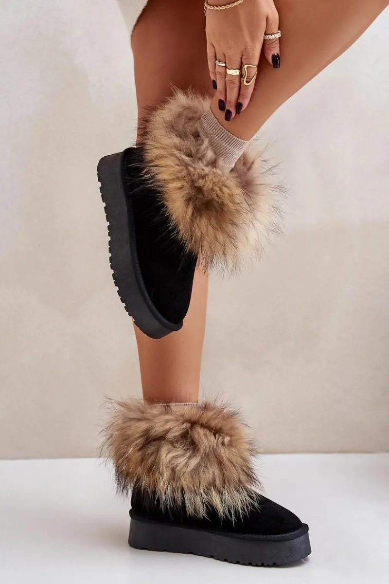 Śniegowce Damskie>Boto Skórzane Śniegowce Na Platformie Z Futerkiem Czarne Avirisa Czarny