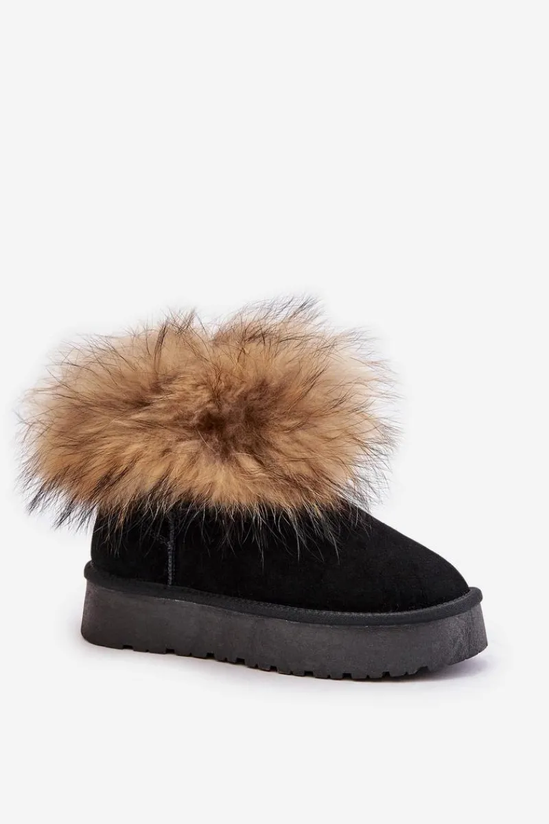Śniegowce Damskie>Boto Skórzane Śniegowce Na Platformie Z Futerkiem Czarne Avirisa Czarny