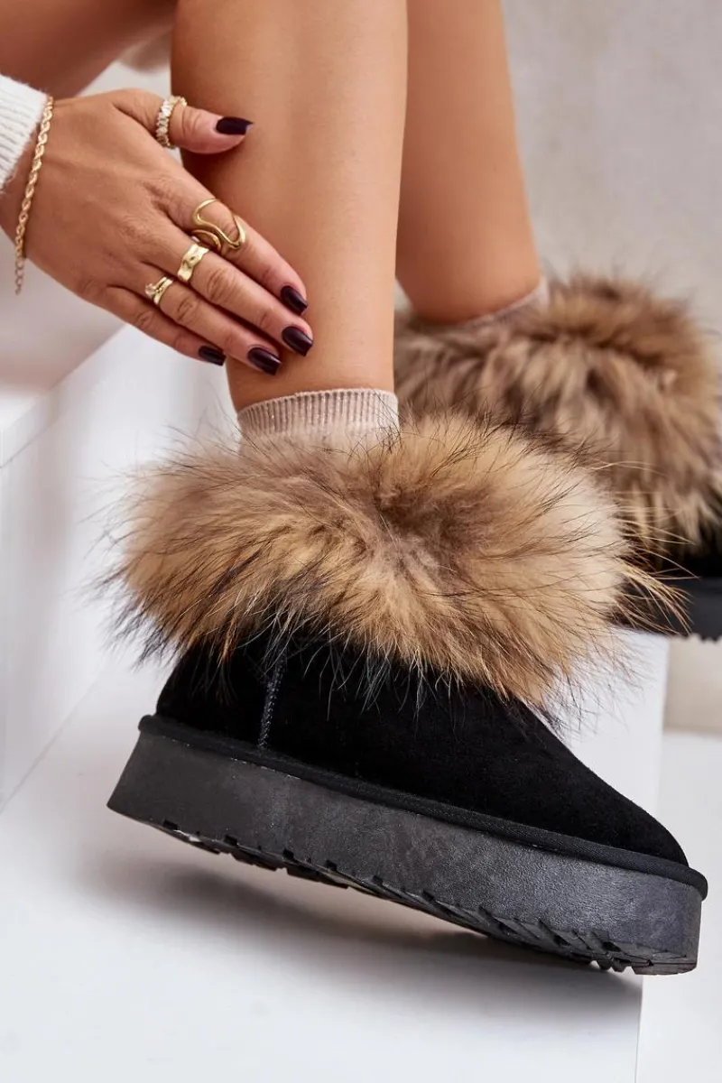 Śniegowce Damskie>Boto Skórzane Śniegowce Na Platformie Z Futerkiem Czarne Avirisa Czarny