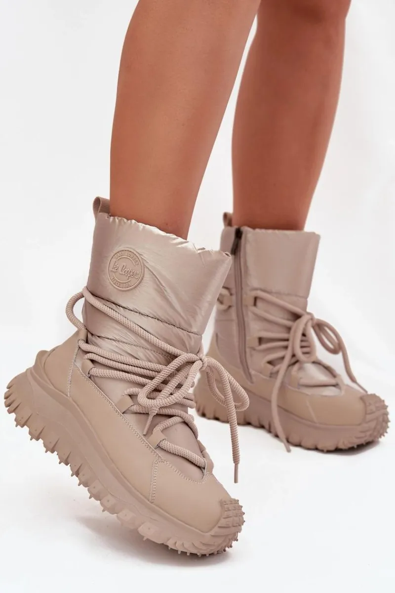 Śniegowce Damskie>Lee Cooper Skórzane Śniegowce Na Platformie LCJ-25-12-3663 Beżowo-Złote