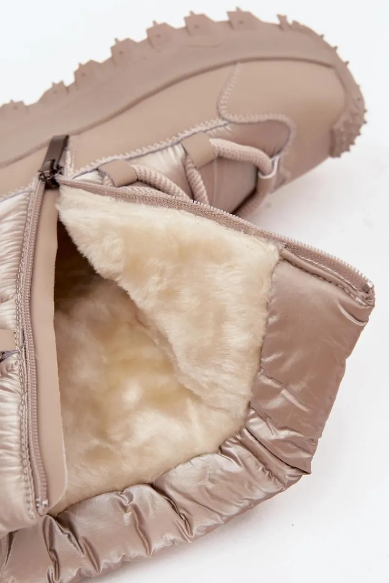 Śniegowce Damskie>Lee Cooper Skórzane Śniegowce Na Platformie LCJ-25-12-3663 Beżowo-Złote