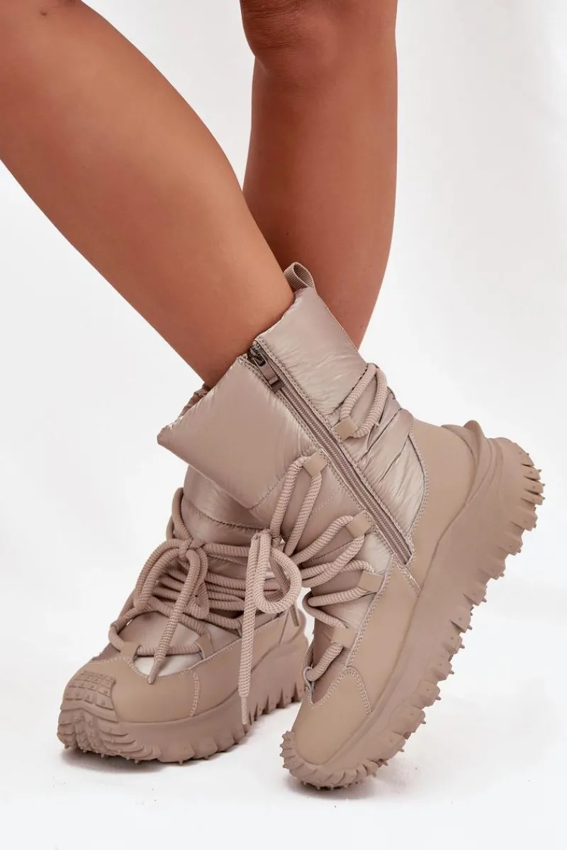 Śniegowce Damskie>Lee Cooper Skórzane Śniegowce Na Platformie LCJ-25-12-3663 Beżowo-Złote