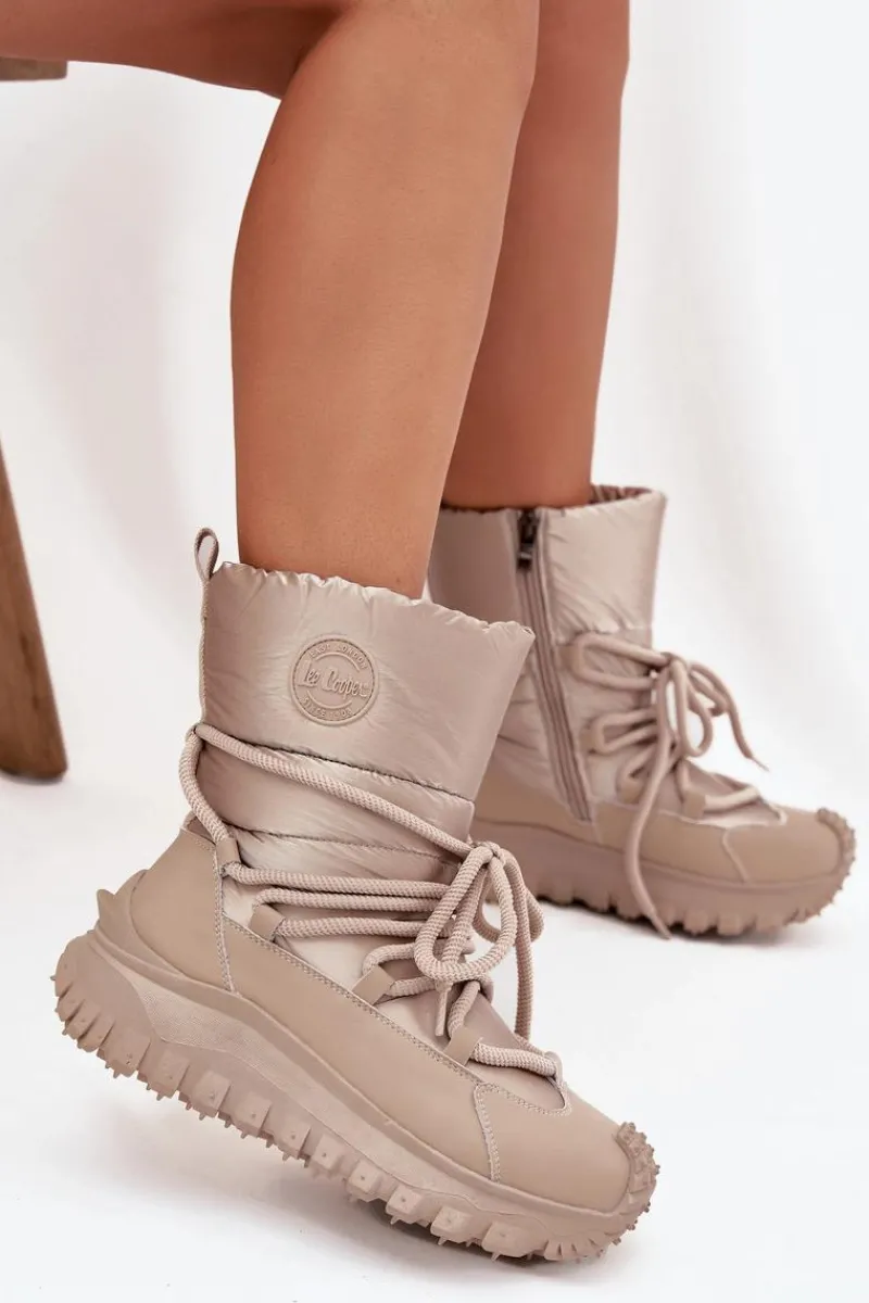 Śniegowce Damskie>Lee Cooper Skórzane Śniegowce Na Platformie LCJ-25-12-3663 Beżowo-Złote