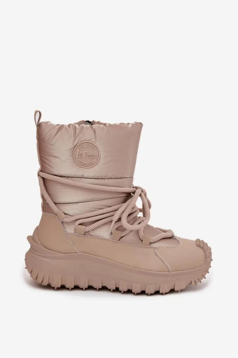 Śniegowce Damskie>Lee Cooper Skórzane Śniegowce Na Platformie LCJ-25-12-3663 Beżowo-Złote