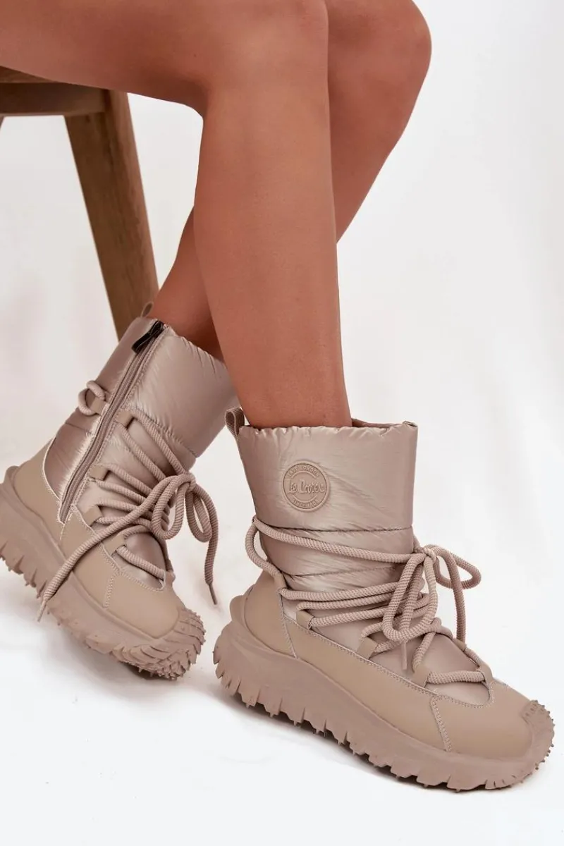 Śniegowce Damskie>Lee Cooper Skórzane Śniegowce Na Platformie LCJ-25-12-3663 Beżowo-Złote