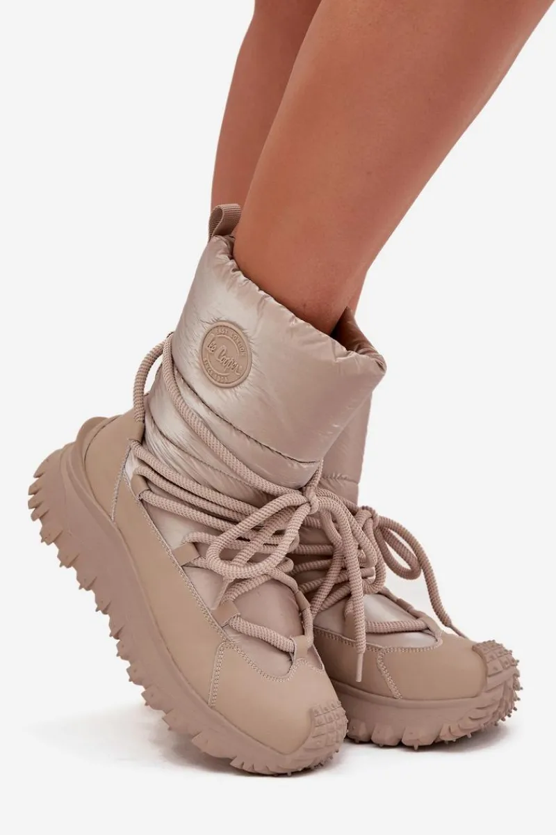 Śniegowce Damskie>Lee Cooper Skórzane Śniegowce Na Platformie LCJ-25-12-3663 Beżowo-Złote