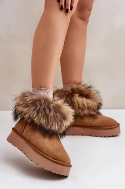 Outlet Boto Skórzane Śniegowce Na Platformie Z Futerkiem Camel Avirisa Brązowy