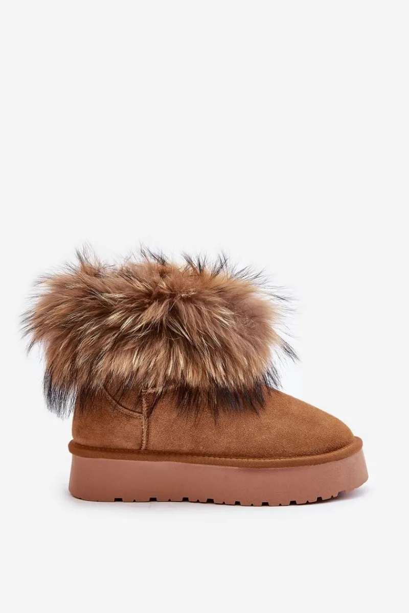 Outlet Boto Skórzane Śniegowce Na Platformie Z Futerkiem Camel Avirisa Brązowy