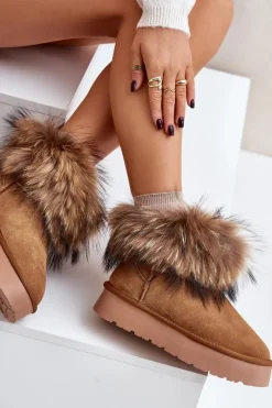 Outlet Boto Skórzane Śniegowce Na Platformie Z Futerkiem Camel Avirisa Brązowy