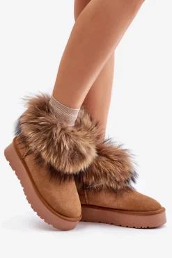Outlet Boto Skórzane Śniegowce Na Platformie Z Futerkiem Camel Avirisa Brązowy