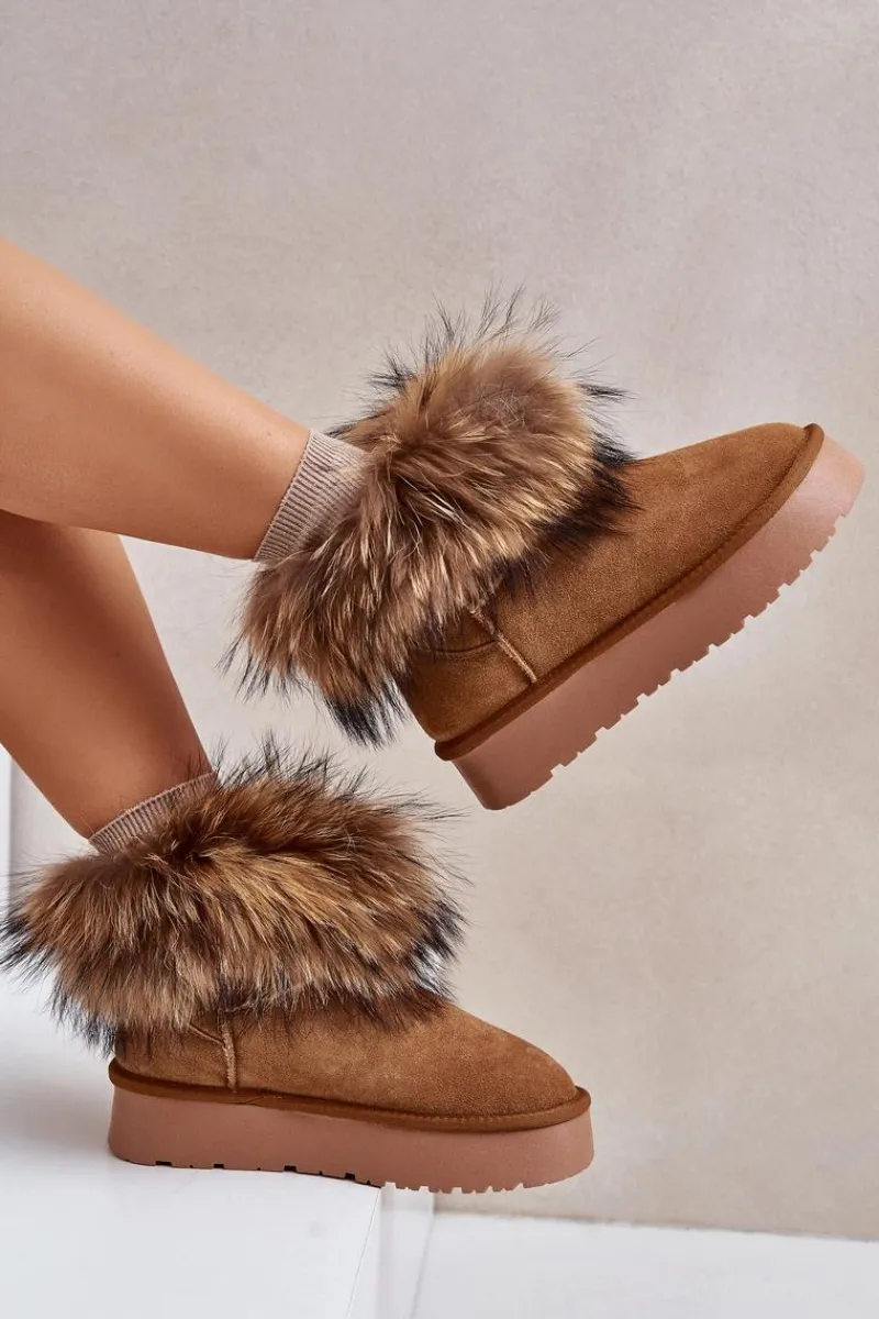 Outlet Boto Skórzane Śniegowce Na Platformie Z Futerkiem Camel Avirisa Brązowy