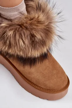 Outlet Boto Skórzane Śniegowce Na Platformie Z Futerkiem Camel Avirisa Brązowy
