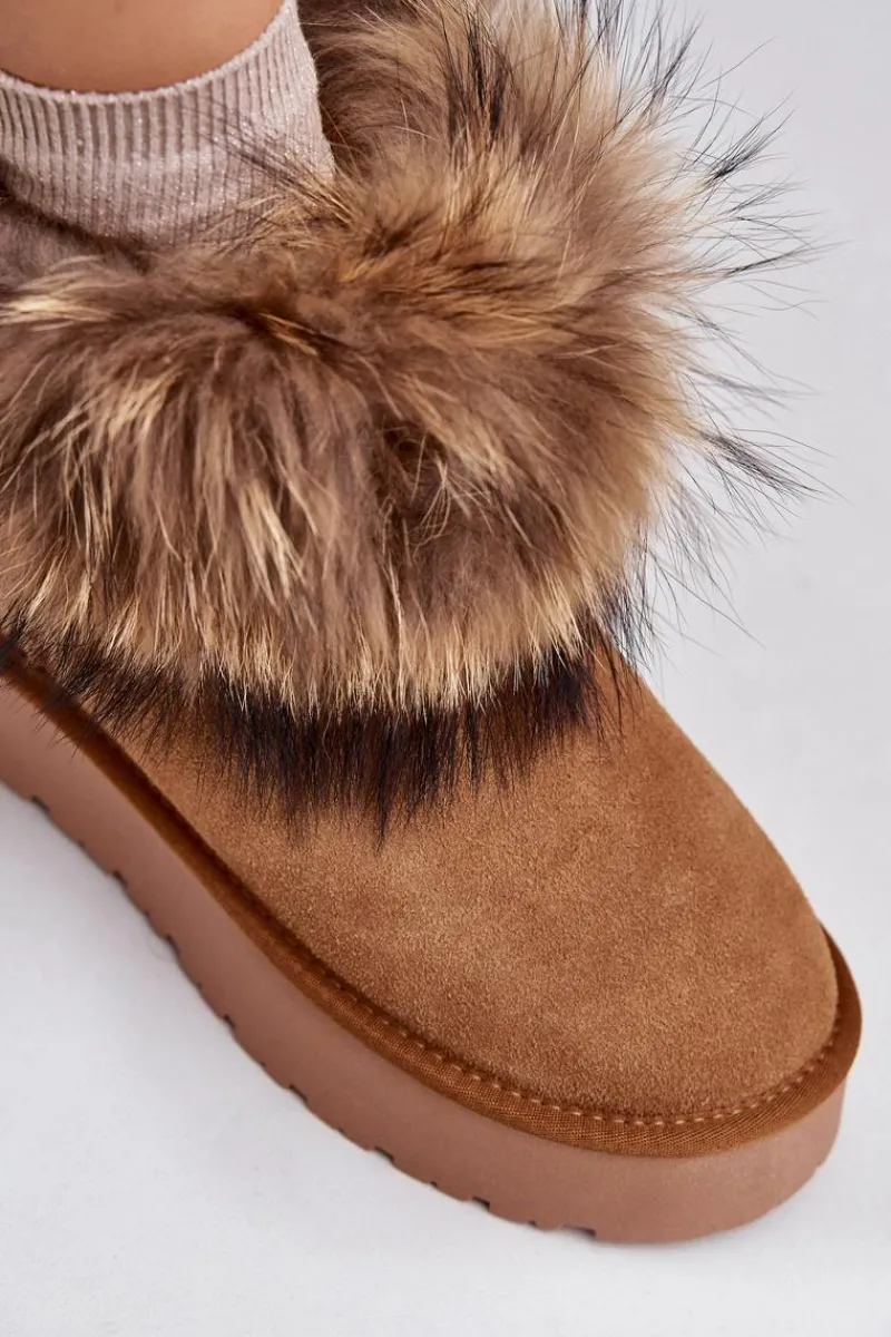 Outlet Boto Skórzane Śniegowce Na Platformie Z Futerkiem Camel Avirisa Brązowy
