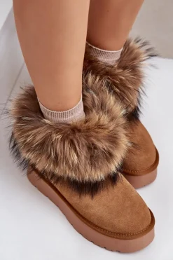 Outlet Boto Skórzane Śniegowce Na Platformie Z Futerkiem Camel Avirisa Brązowy