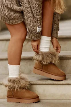 Outlet Boto Skórzane Śniegowce Na Platformie Z Futerkiem Camel Avirisa Brązowy