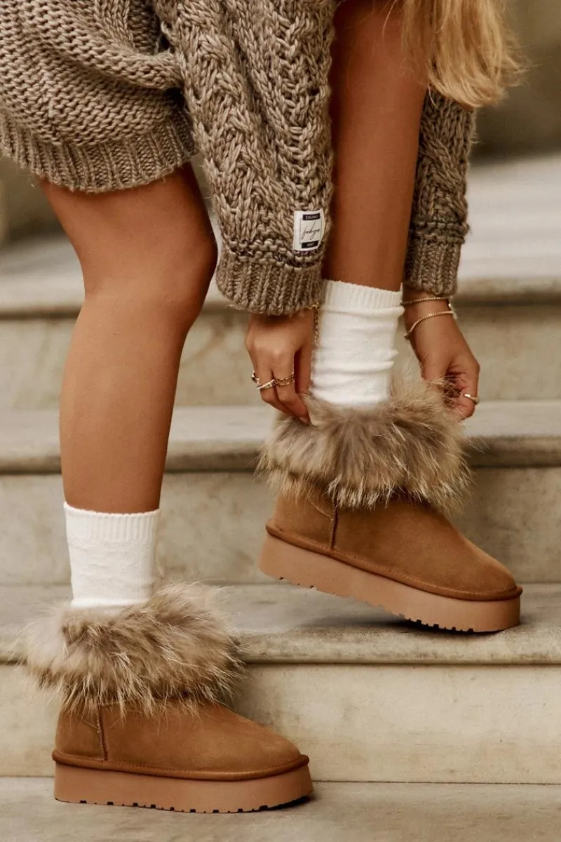 Outlet Boto Skórzane Śniegowce Na Platformie Z Futerkiem Camel Avirisa Brązowy