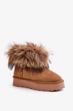 Outlet Boto Skórzane Śniegowce Na Platformie Z Futerkiem Camel Avirisa Brązowy