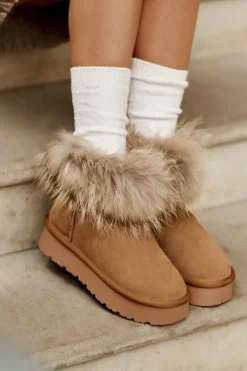 Outlet Boto Skórzane Śniegowce Na Platformie Z Futerkiem Camel Avirisa Brązowy