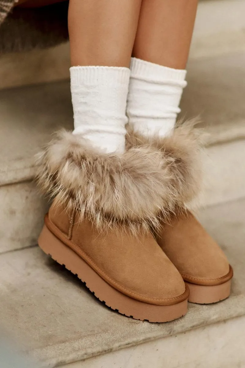 Outlet Boto Skórzane Śniegowce Na Platformie Z Futerkiem Camel Avirisa Brązowy