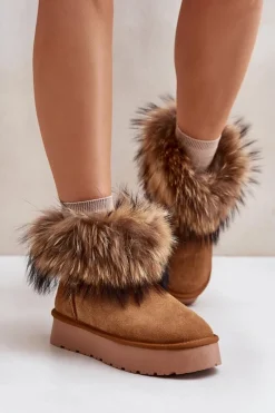 Outlet Boto Skórzane Śniegowce Na Platformie Z Futerkiem Camel Avirisa Brązowy