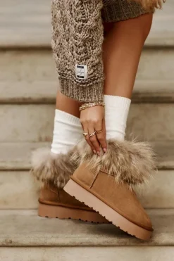 Outlet Boto Skórzane Śniegowce Na Platformie Z Futerkiem Camel Avirisa Brązowy