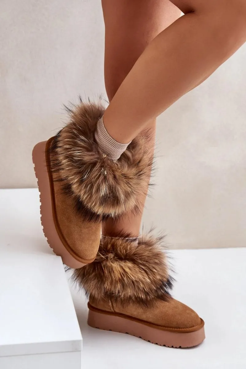 Outlet Boto Skórzane Śniegowce Na Platformie Z Futerkiem Camel Avirisa Brązowy