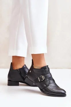 Botki Maciejka|Botki Sznurowane>Maciejka Skórzane Niskie Botki Na Zamek 06692-01 Czarne