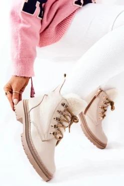 Skórzane Ocieplane Botki Beżowe Khaleni Damskie Damskie Trapery|Botki Sznurowane