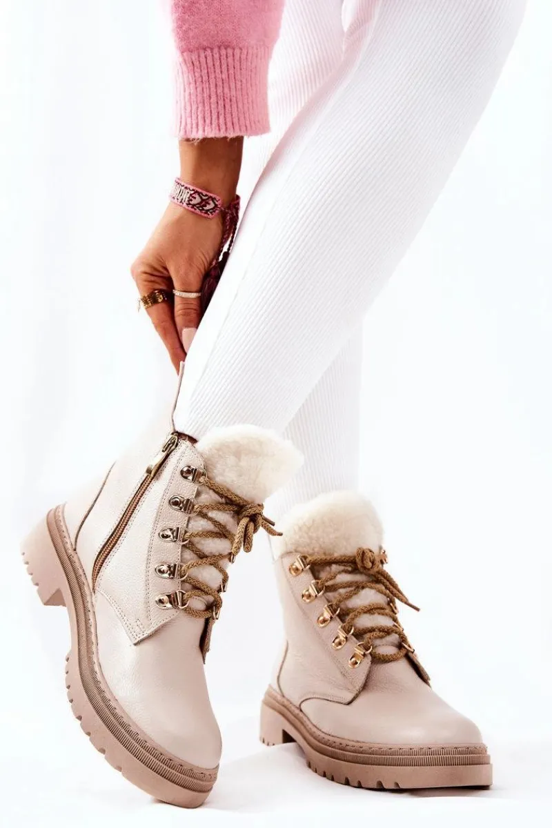 Skórzane Ocieplane Botki Beżowe Khaleni Damskie Damskie Trapery|Botki Sznurowane