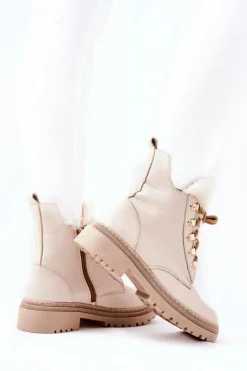 Skórzane Ocieplane Botki Beżowe Khaleni Damskie Damskie Trapery|Botki Sznurowane