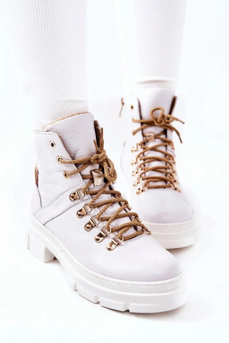 Best Skórzane Ocieplane Botki Biało-Beżowe Brescia Damskie Botki Skórzane|Botki Sznurowane