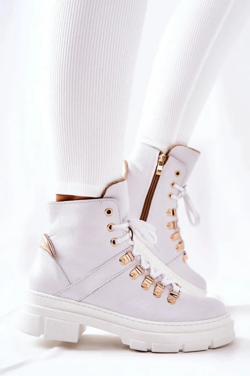 Hot Skórzane Ocieplane Botki Białe Brescia Damskie Botki Sznurowane|Botki Płaskie