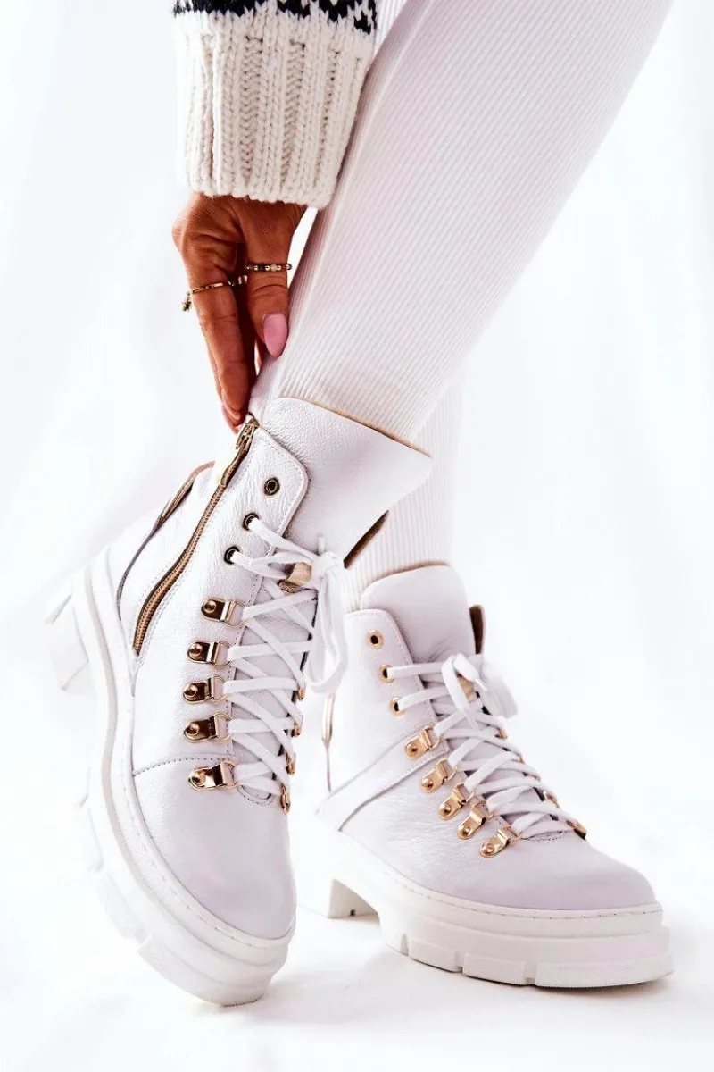Hot Skórzane Ocieplane Botki Białe Brescia Damskie Botki Sznurowane|Botki Płaskie