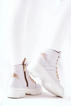 Hot Skórzane Ocieplane Botki Białe Brescia Damskie Botki Sznurowane|Botki Płaskie
