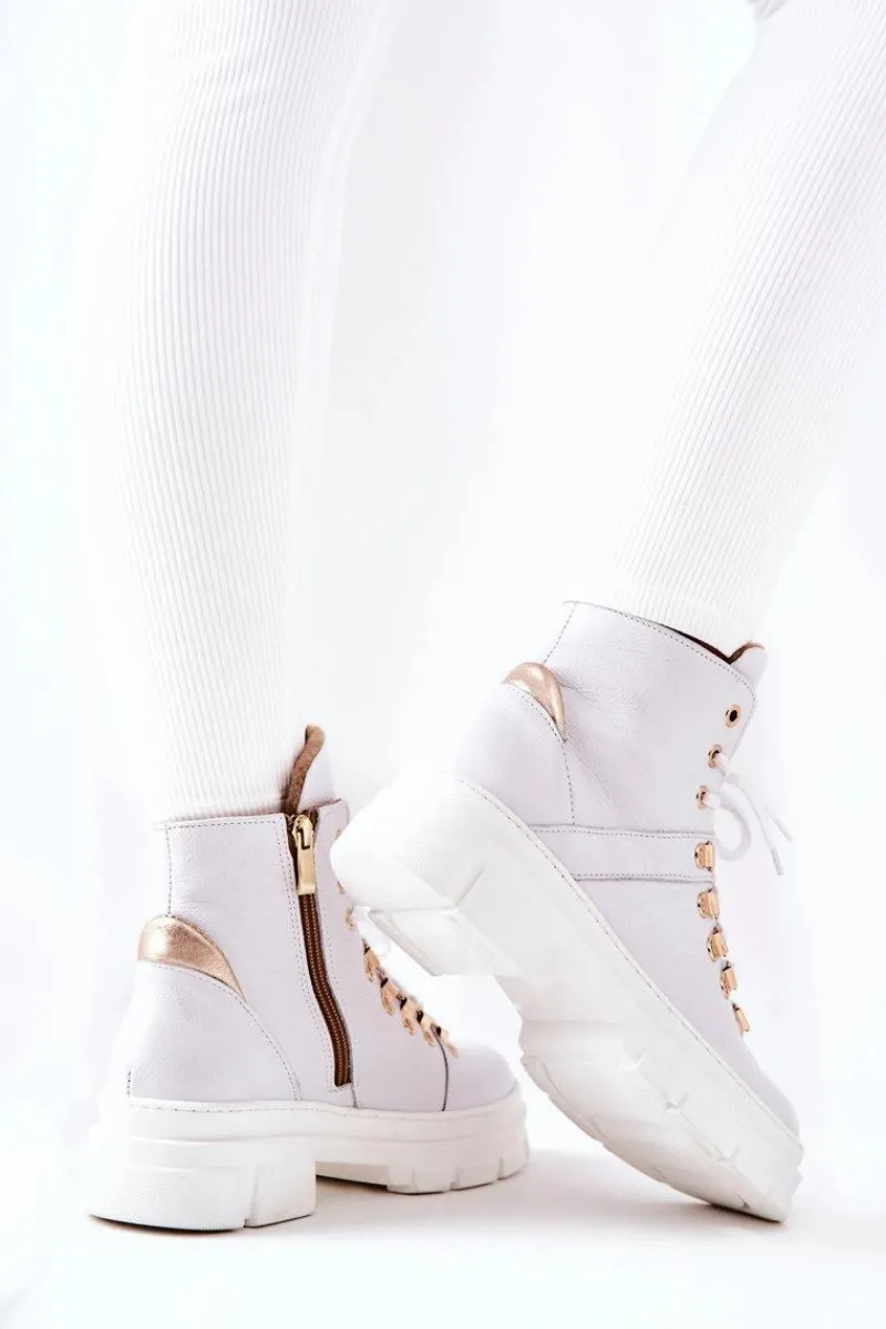 Hot Skórzane Ocieplane Botki Białe Brescia Damskie Botki Sznurowane|Botki Płaskie