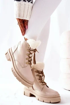 Clearance Boto Skórzane Ocieplane Botki Beżowe Molissa