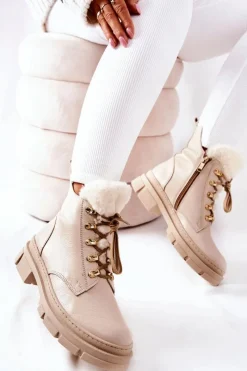 Clearance Boto Skórzane Ocieplane Botki Beżowe Molissa