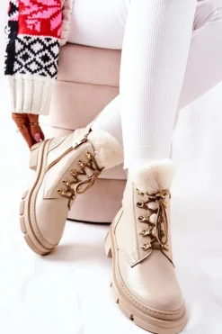 Clearance Boto Skórzane Ocieplane Botki Beżowe Molissa